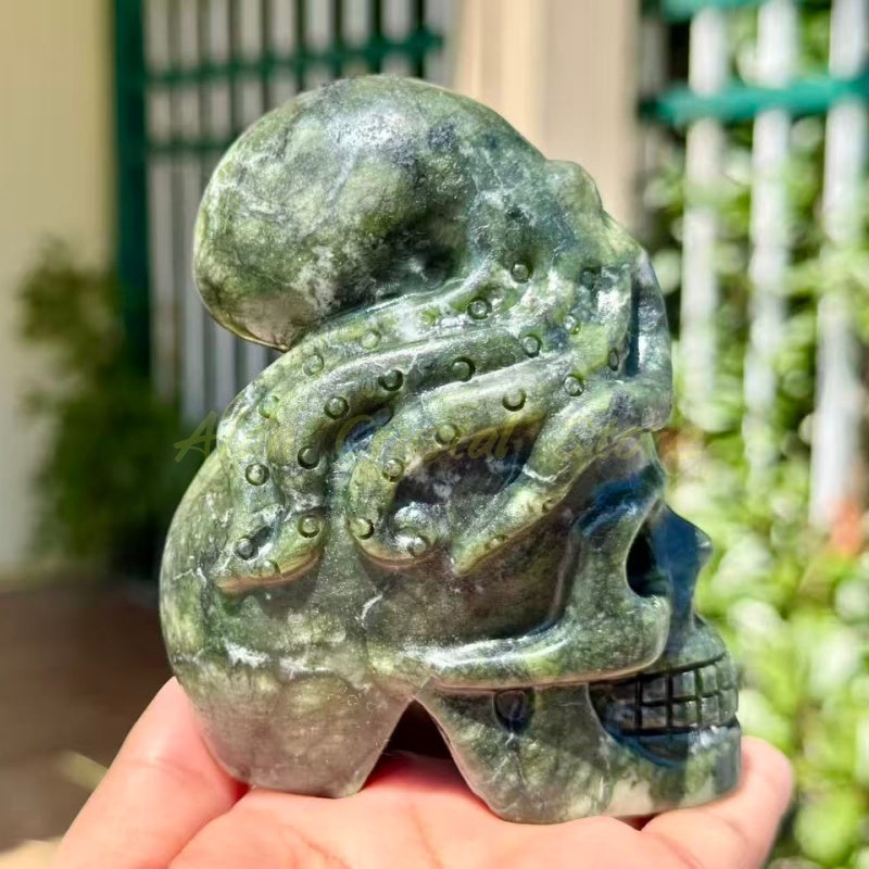 Green Jade Hand Skull Carving
