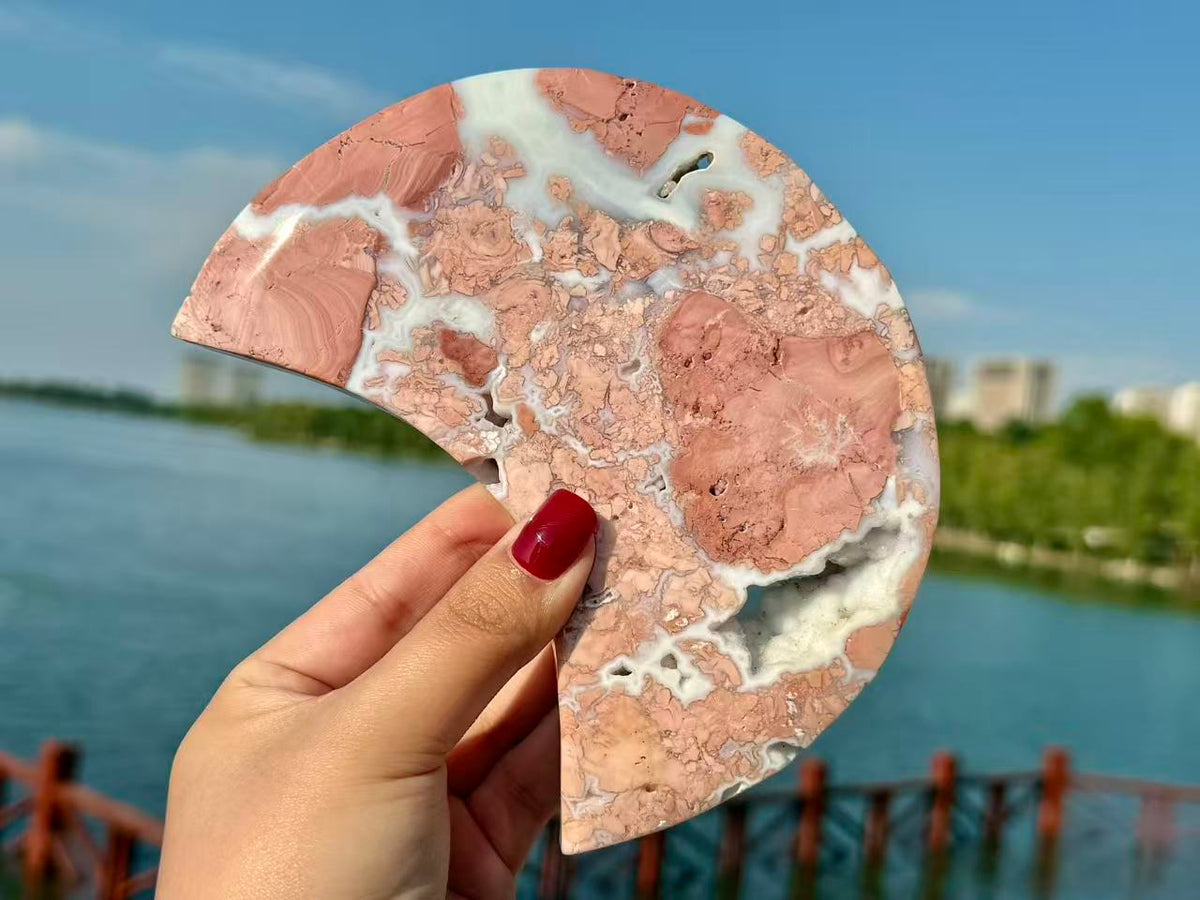 6"+ Natural Pink Sakura Agate Hand Carved Moon.High quality Agate Geode Moon Carving.1PC+Free Base