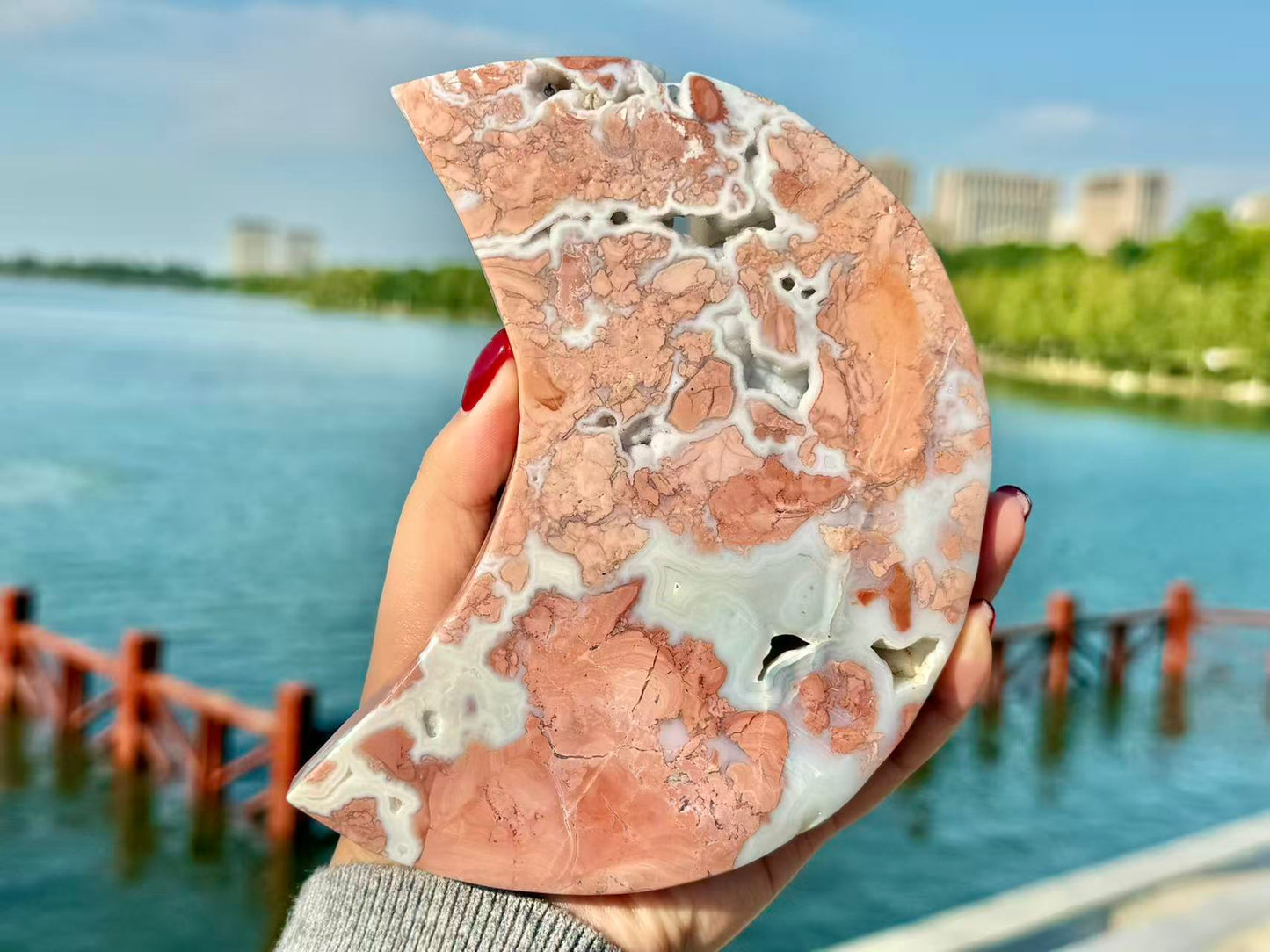 6"+ Natural Pink Sakura Agate Hand Carved Moon.High quality Agate Geode Moon Carving.1PC+Free Base