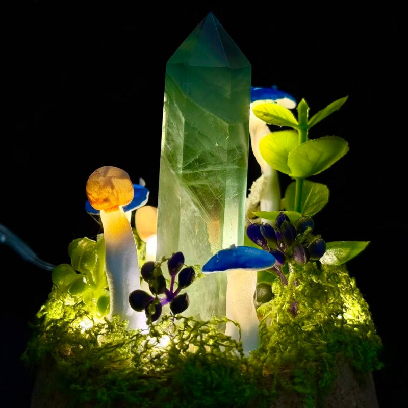 Natural Green Fluorite Obelisk Night Light.Handmade Mushroom Lamp.