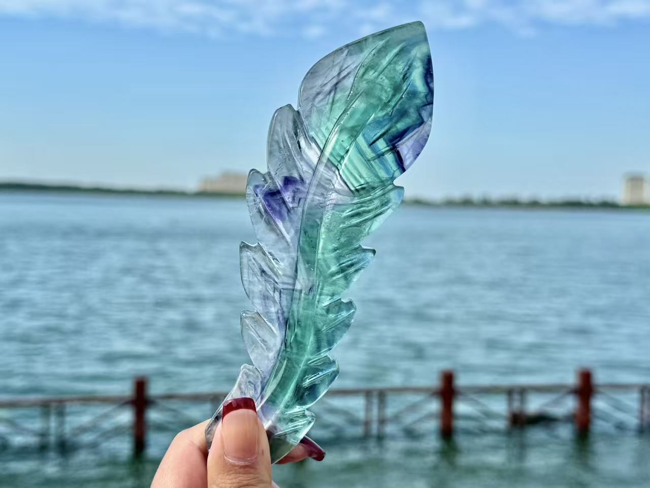 Natural Rainbow Fluorite Feather,Hand Carved Crystal quartz Decor.