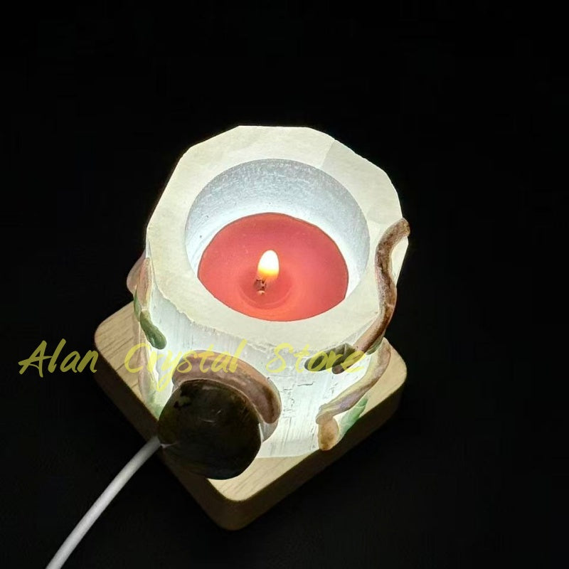 Natural Selenite CandleStick with Labradorite Palm Stone.