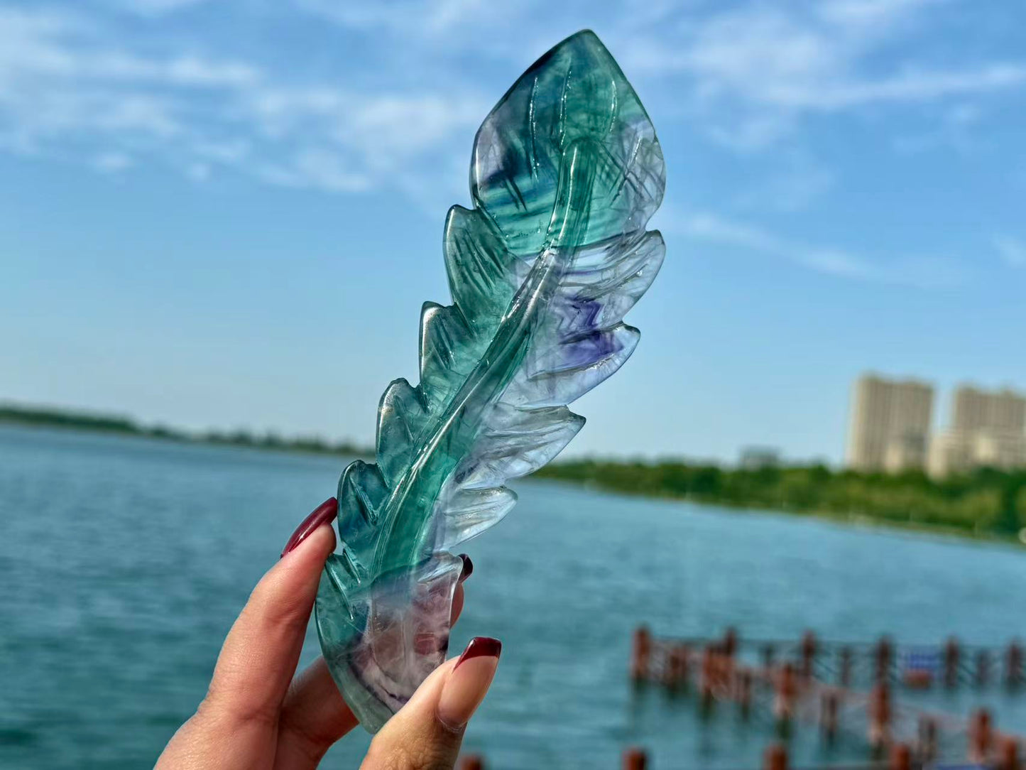 Natural Rainbow Fluorite Feather,Hand Carved Crystal quartz Decor.