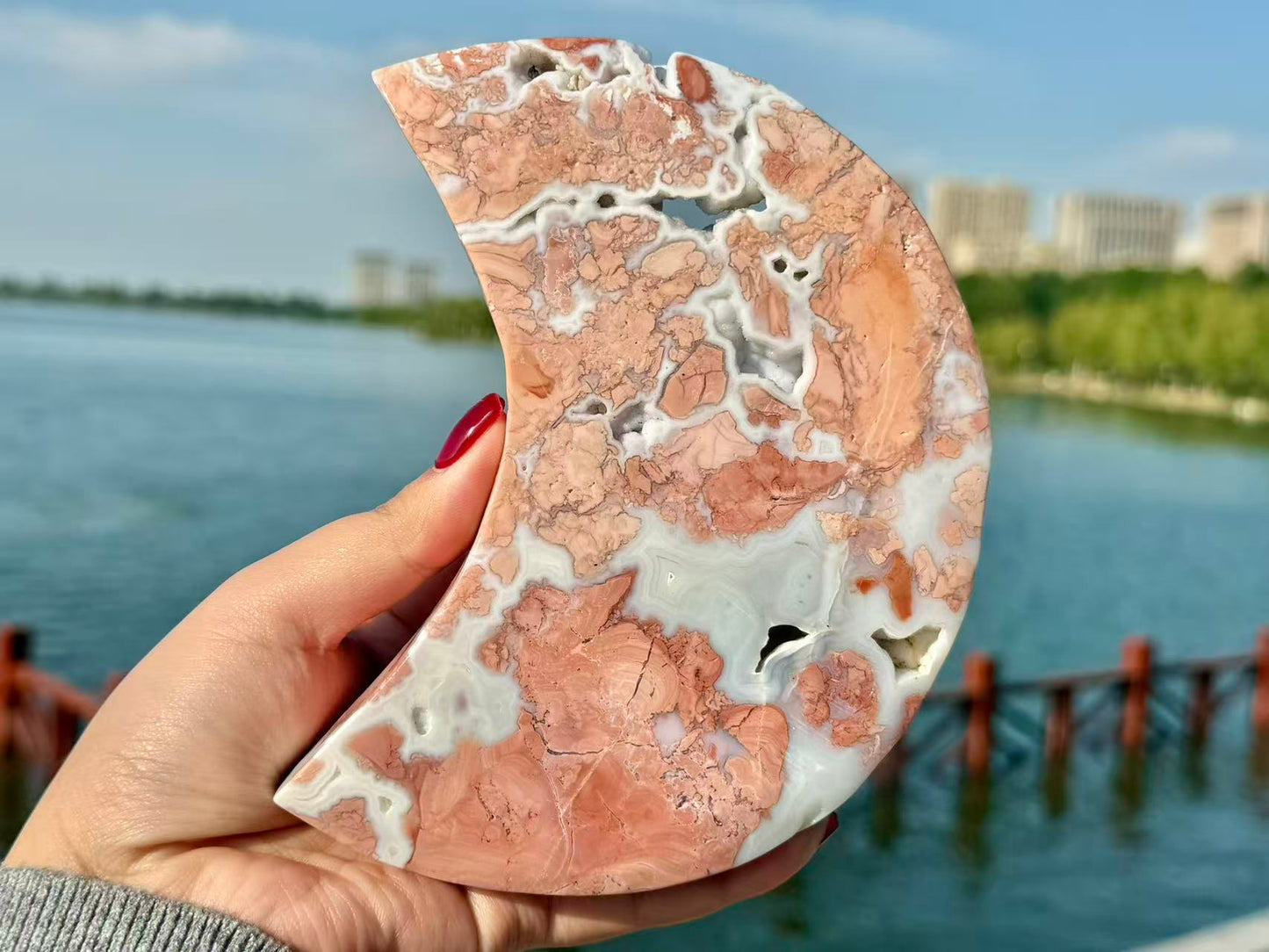 6"+ Natural Pink Sakura Agate Hand Carved Moon.High quality Agate Geode Moon Carving.1PC+Free Base