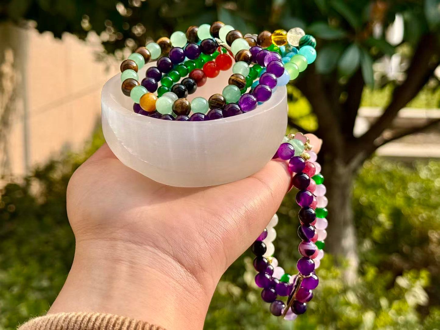 Handcrafted Selenite Gypsum Bowl & Natural Healing Crystal Bracelet Gift Set | Reiki Charged Energy Cleansing Kit