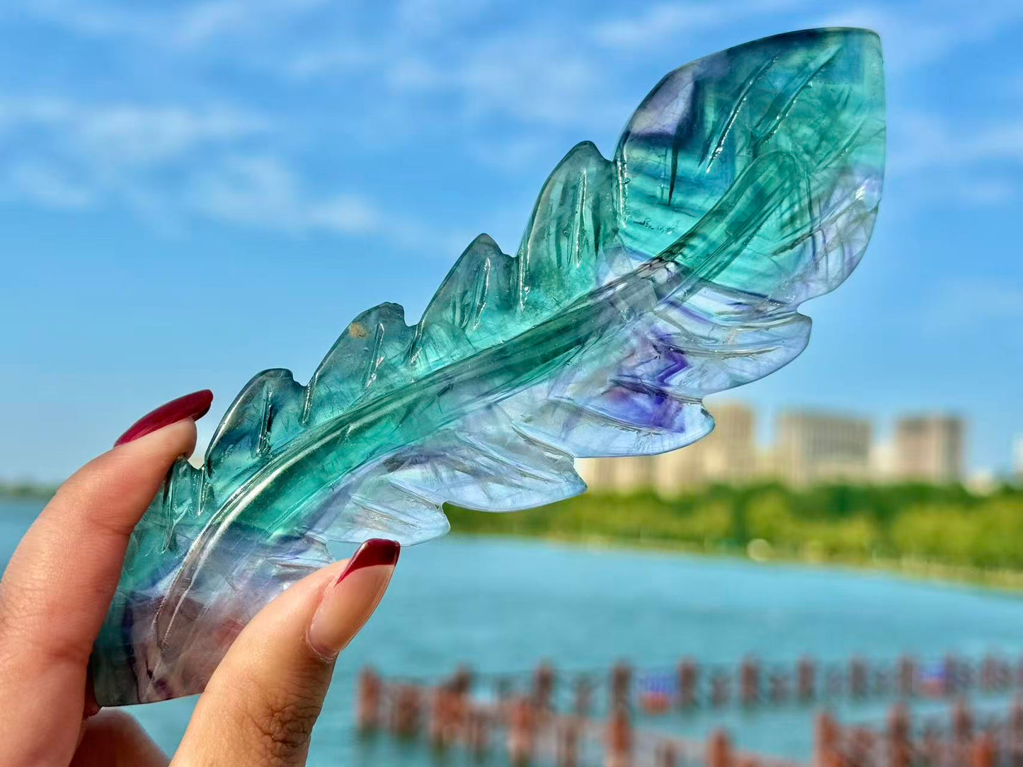 Natural Rainbow Fluorite Feather,Hand Carved Crystal quartz Decor.