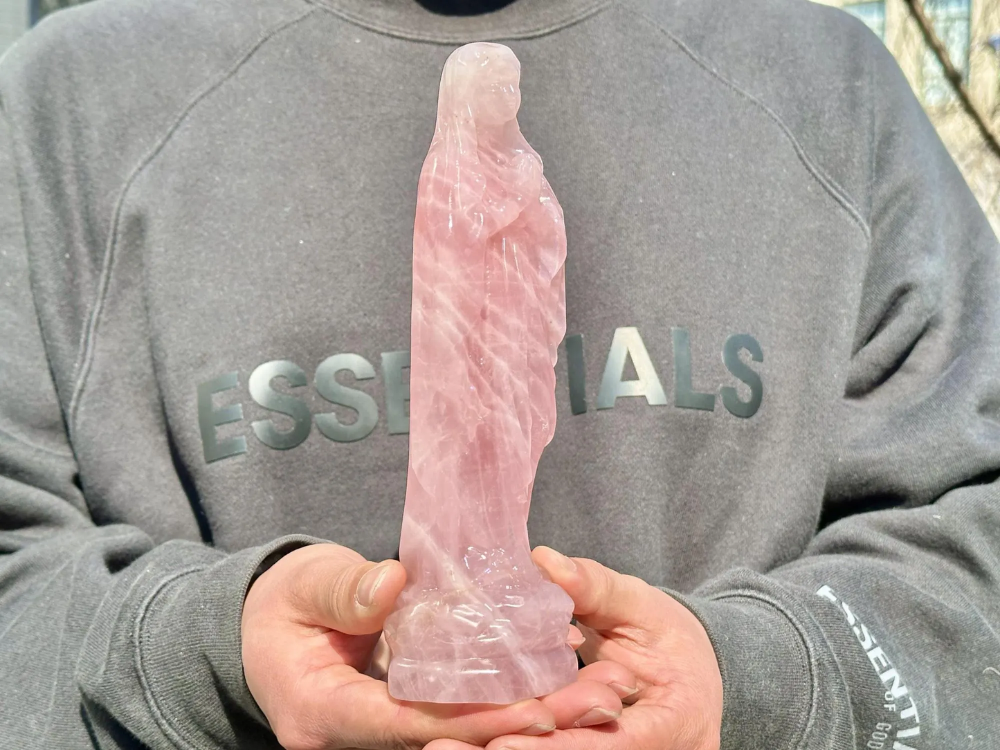 20CM+ Natural Rose Quartz Hand Carved Virgin Mary.Crystal quartz Carving.