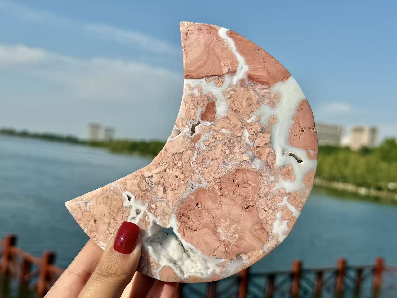6"+ Natural Pink Sakura Agate Hand Carved Moon.High quality Agate Geode Moon Carving.1PC+Free Base