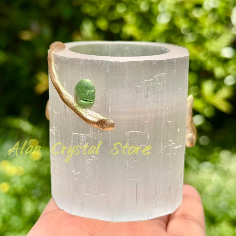Natural Selenite CandleStick with Labradorite Palm Stone.