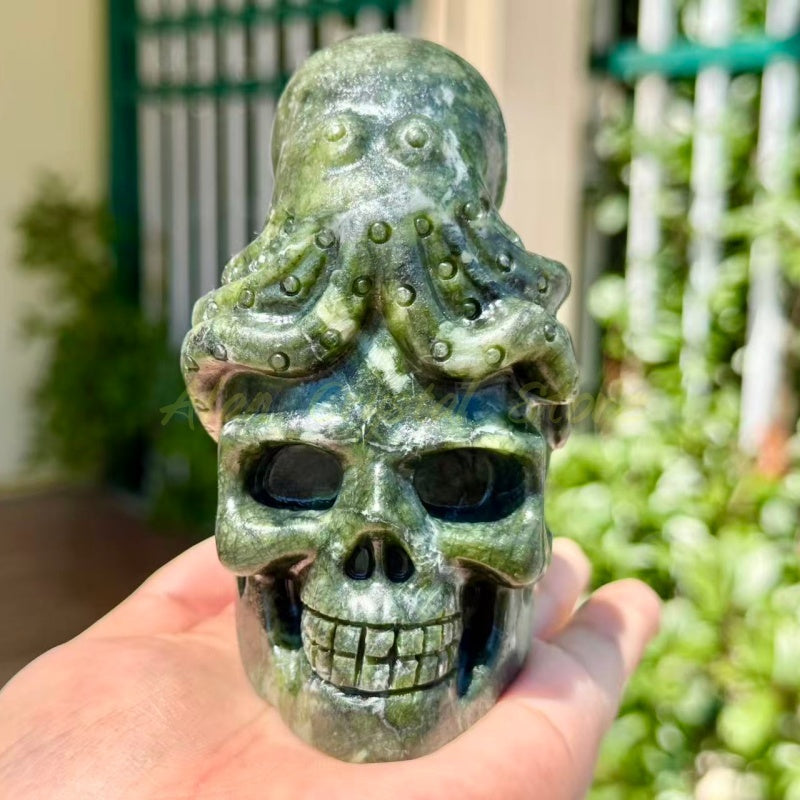 Green Jade Hand Skull Carving