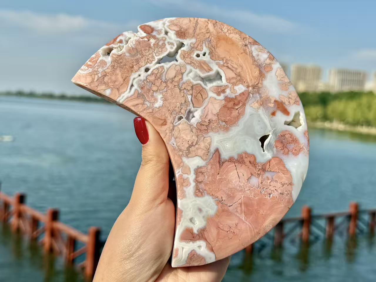 6"+ Natural Pink Sakura Agate Hand Carved Moon.High quality Agate Geode Moon Carving.1PC+Free Base