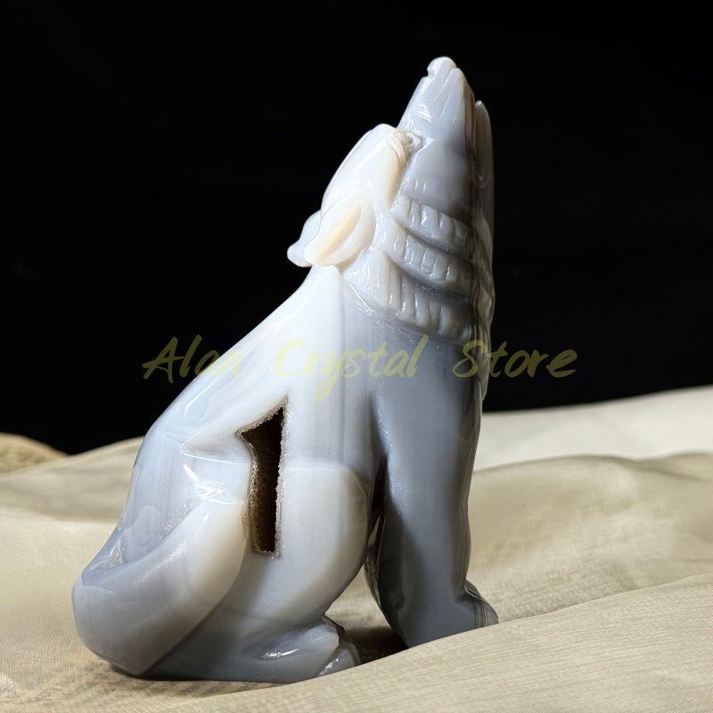 Natural Agate Geode Wolf Carving.