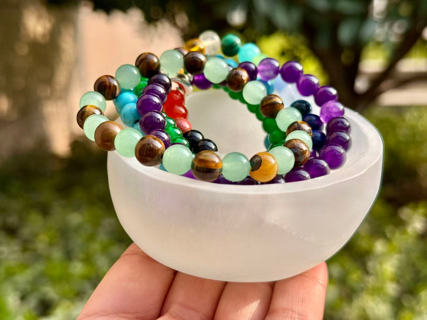 Handcrafted Selenite Gypsum Bowl & Natural Healing Crystal Bracelet Gift Set | Reiki Charged Energy Cleansing Kit