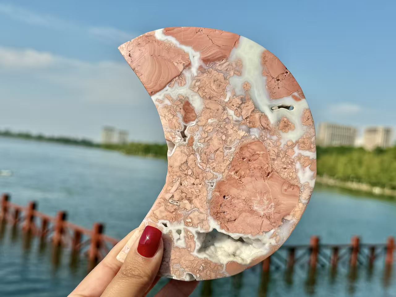 6"+ Natural Pink Sakura Agate Hand Carved Moon.High quality Agate Geode Moon Carving.1PC+Free Base