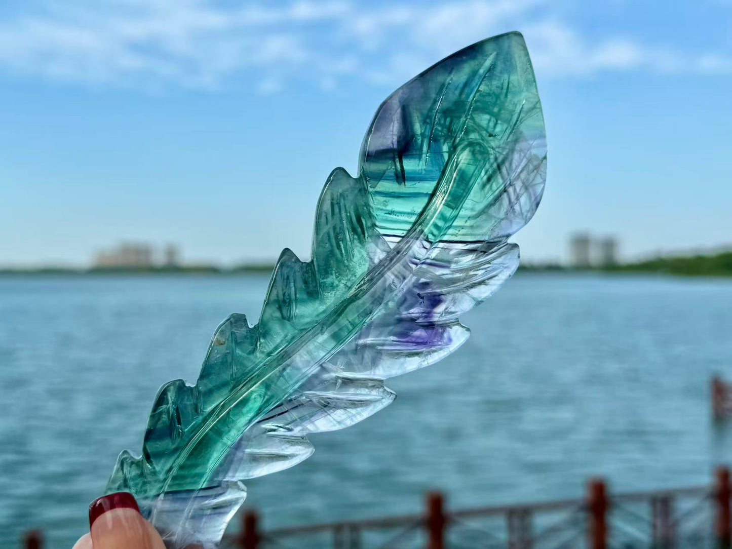 Natural Rainbow Fluorite Feather,Hand Carved Crystal quartz Decor.