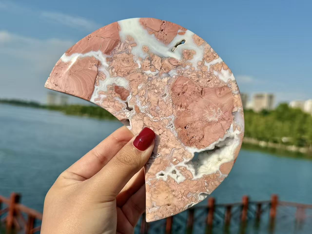 6"+ Natural Pink Sakura Agate Hand Carved Moon.High quality Agate Geode Moon Carving.1PC+Free Base