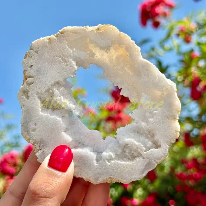 White Agate Crystal Geode Slice