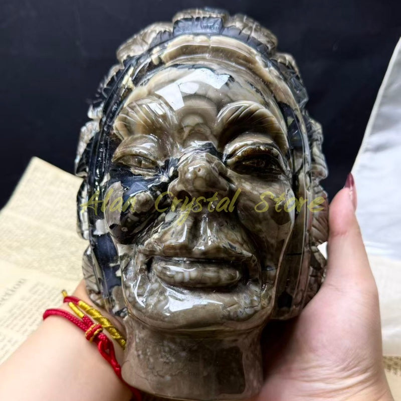 9.2“ Natural Volcanic Agate Indian Skull Carving.1PC