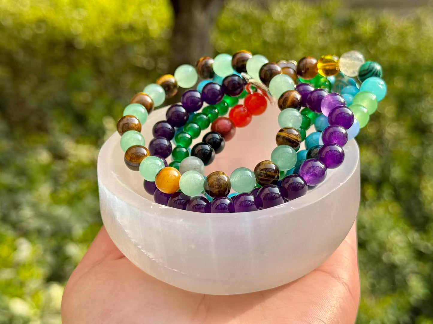 Handcrafted Selenite Gypsum Bowl & Natural Healing Crystal Bracelet Gift Set | Reiki Charged Energy Cleansing Kit