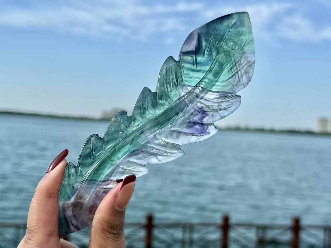 Natural Rainbow Fluorite Feather,Hand Carved Crystal quartz Decor.