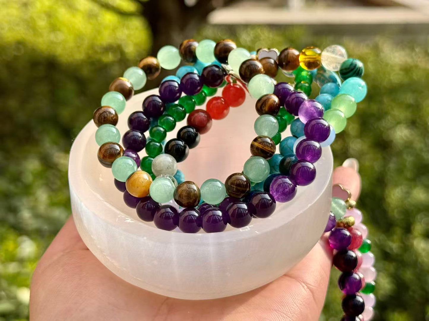 Handcrafted Selenite Gypsum Bowl & Natural Healing Crystal Bracelet Gift Set | Reiki Charged Energy Cleansing Kit