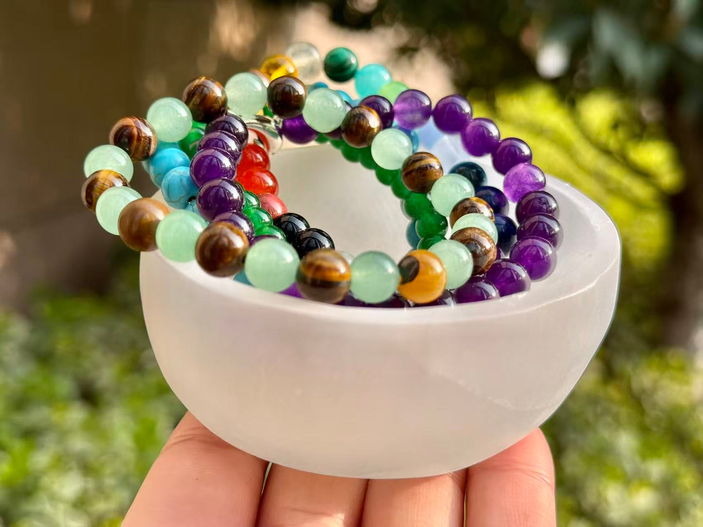 Handcrafted Selenite Gypsum Bowl & Natural Healing Crystal Bracelet Gift Set | Reiki Charged Energy Cleansing Kit