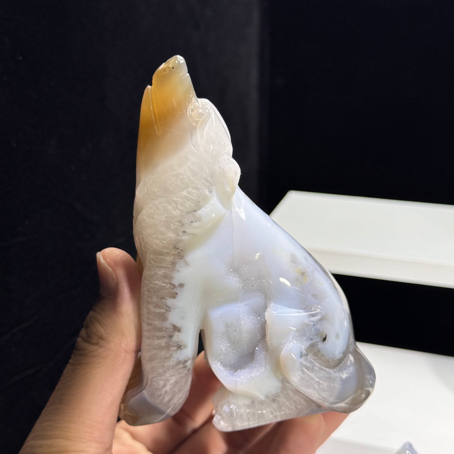 Natural Druzy Agate Wolf Carving