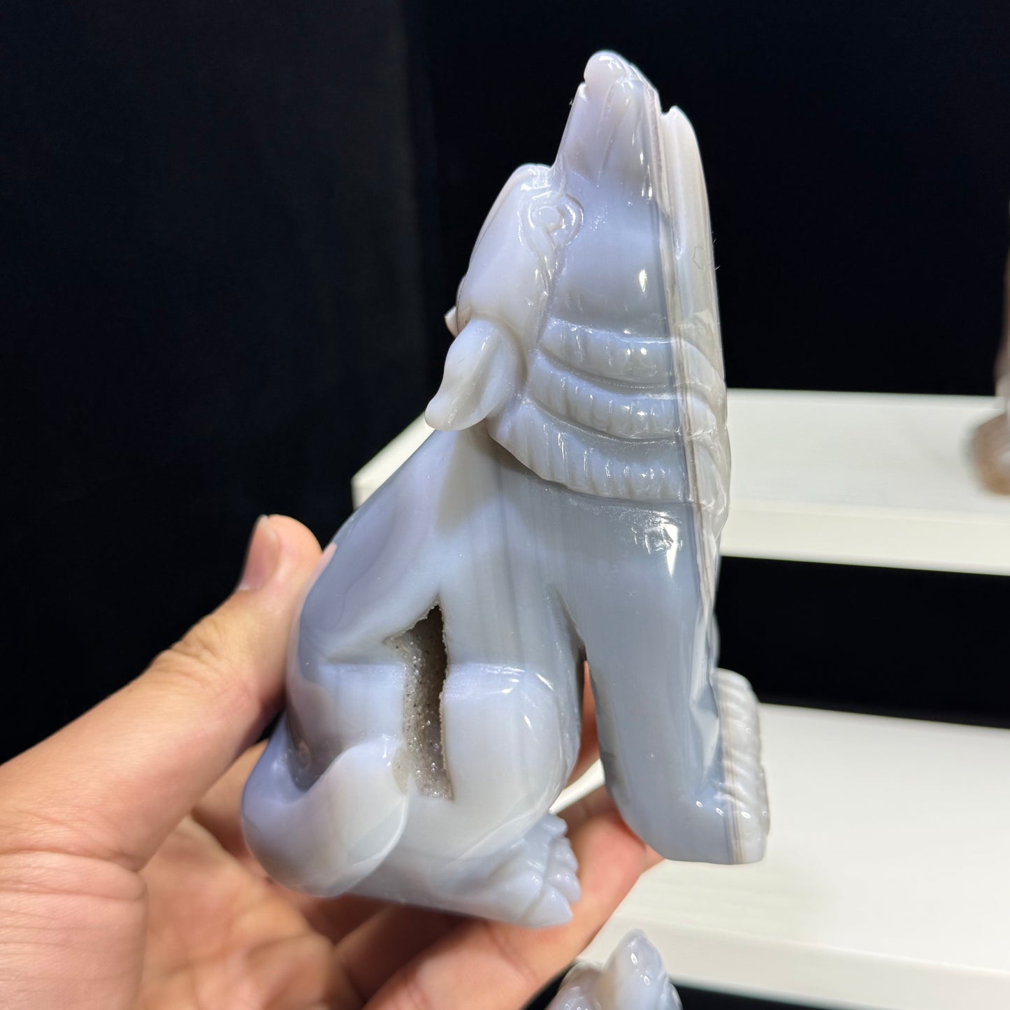Natural Druzy Agate Wolf Carving