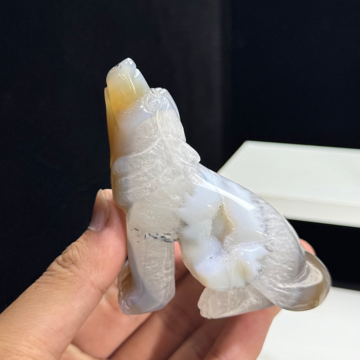 Natural Druzy Agate Wolf Carving