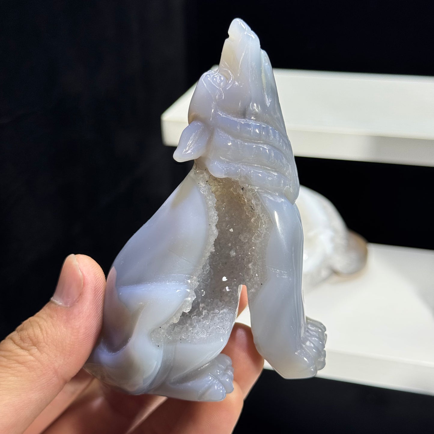 Natural Druzy Agate Wolf Carving