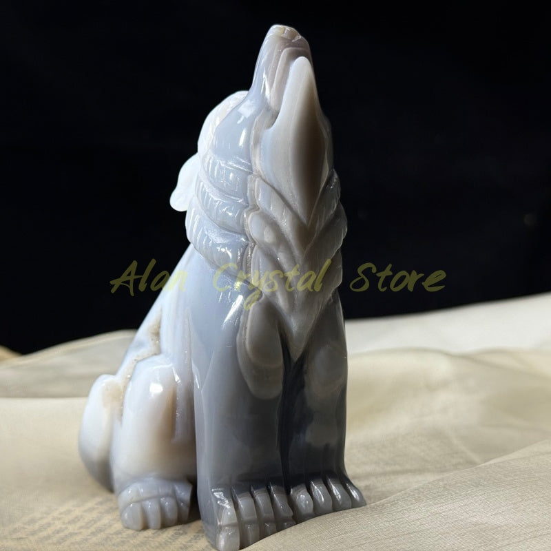 Natural Agate Geode Wolf Carving.