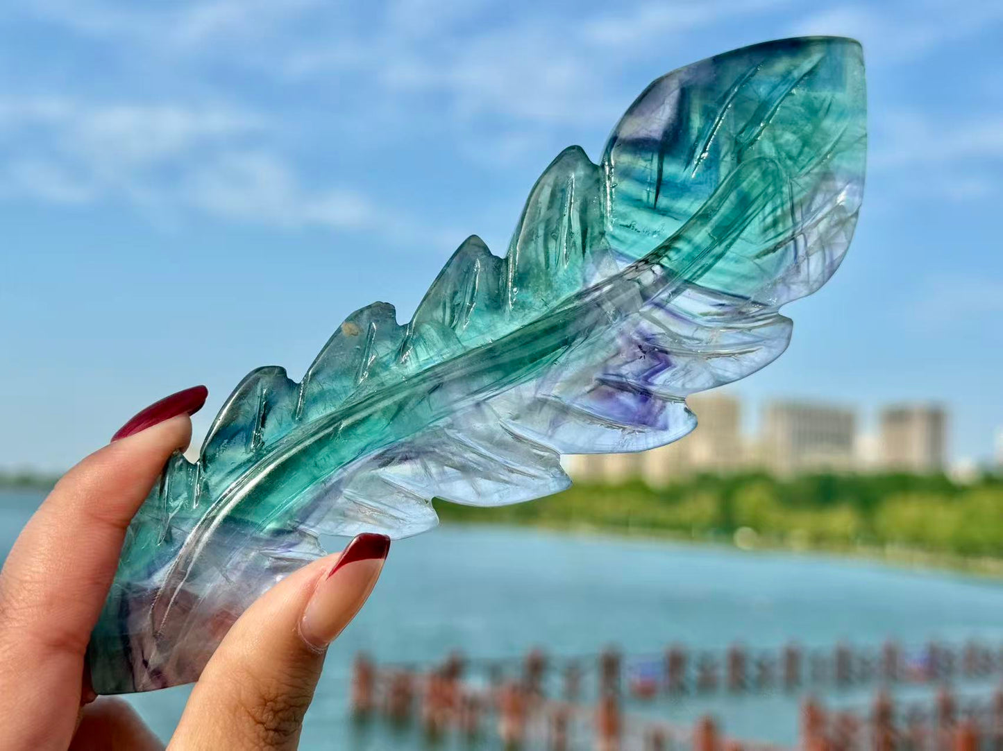 Natural Rainbow Fluorite Feather,Hand Carved Crystal quartz Decor.