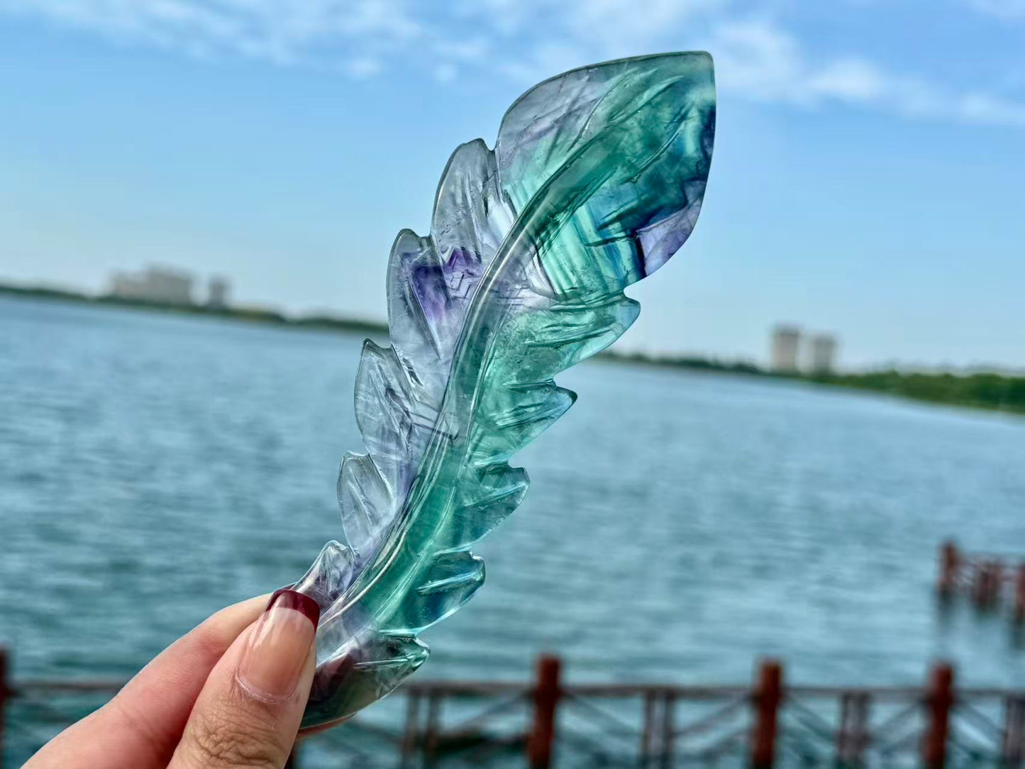 Natural Rainbow Fluorite Feather,Hand Carved Crystal quartz Decor.