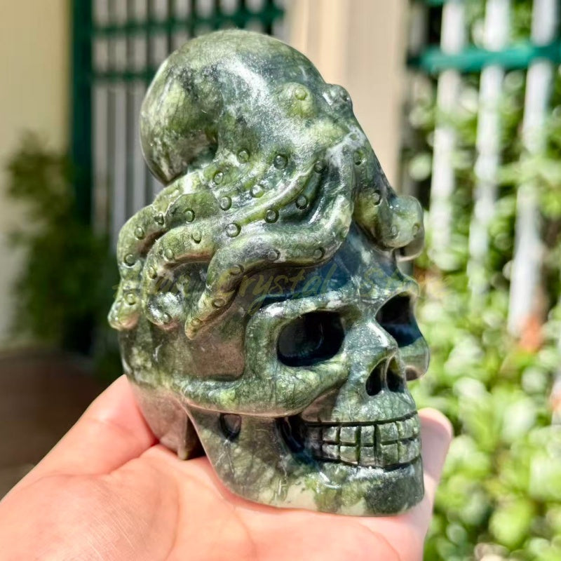 Green Jade Hand Skull Carving