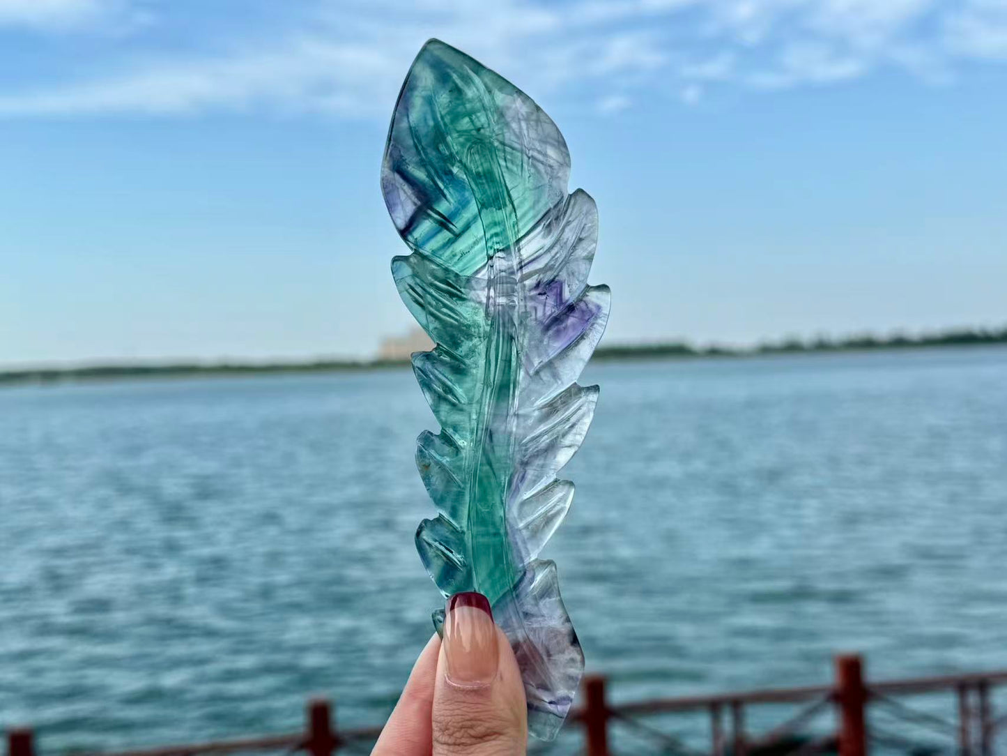 Natural Rainbow Fluorite Feather,Hand Carved Crystal quartz Decor.
