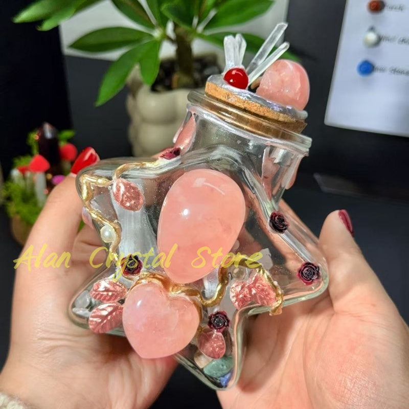 Natural Rose Quartz Heart Magic Bottle.Handmade Crystal Gift.