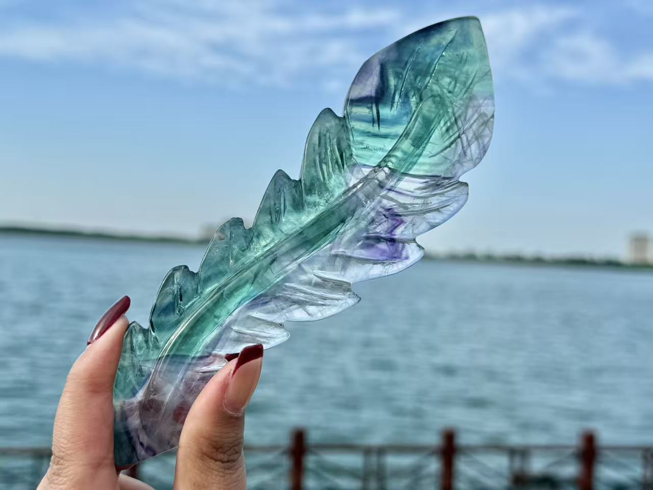 Natural Rainbow Fluorite Feather,Hand Carved Crystal quartz Decor.