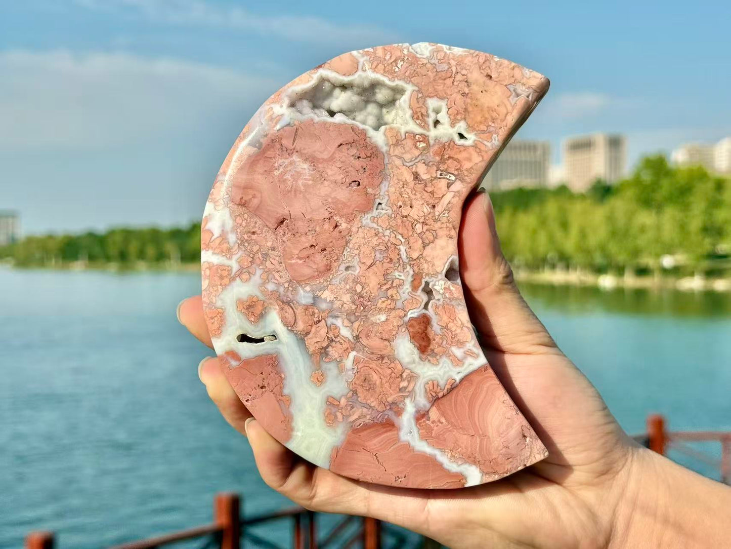6"+ Natural Pink Sakura Agate Hand Carved Moon.High quality Agate Geode Moon Carving.1PC+Free Base