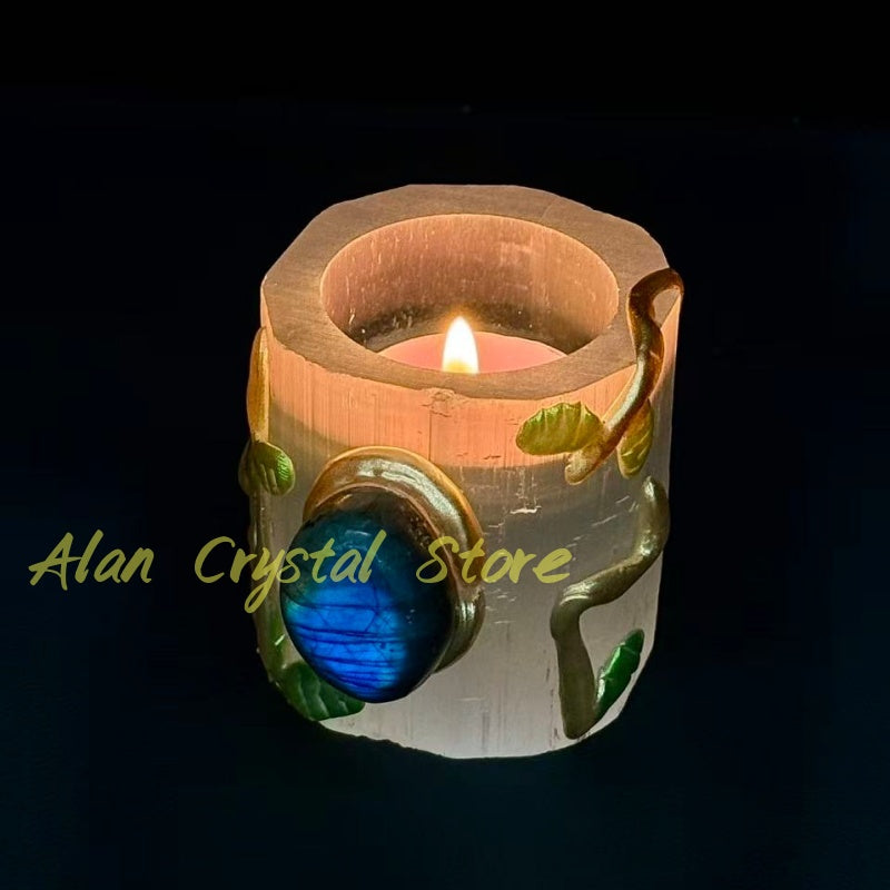 Natural Selenite CandleStick with Labradorite Palm Stone.