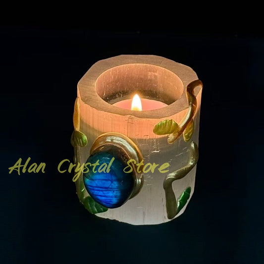 Natural Selenite CandleStick with Labradorite Palm Stone.
