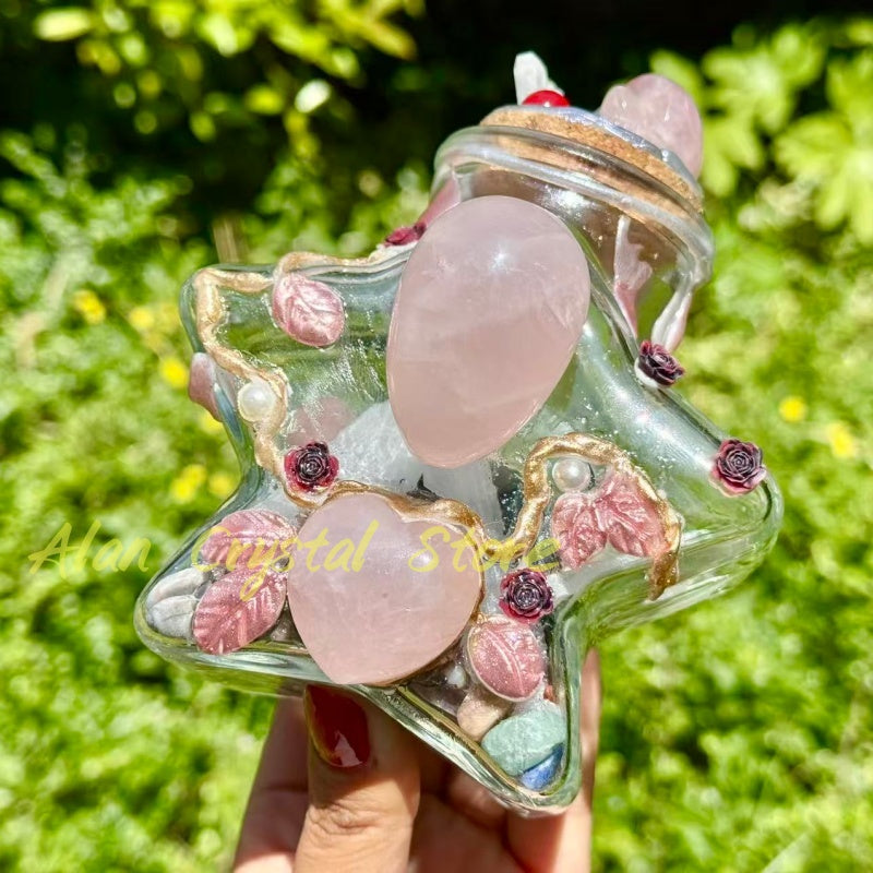 Natural Rose Quartz Heart Magic Bottle.Handmade Crystal Gift.