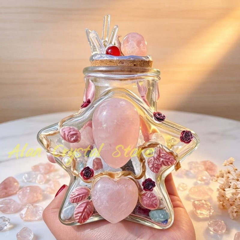 Natural Rose Quartz Heart Magic Bottle.Handmade Crystal Gift.