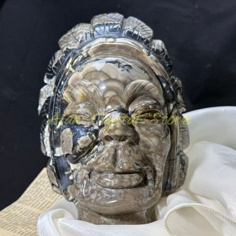 9.2“ Natural Volcanic Agate Indian Skull Carving.1PC
